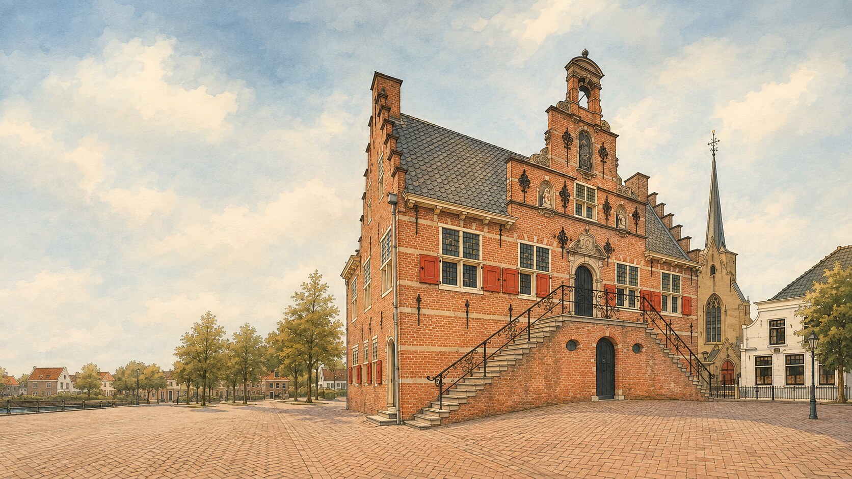 Het Oude Raadhuis met de kerk van Oud-Beijerland